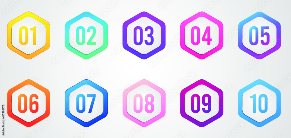 Poster colorful bullet points in gradient with numbers for presentation, modern abstract shapes vector