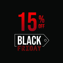 Black friday 15% off, white and red in a black background.