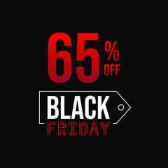 Black friday 65% off, white and red in a black background.
