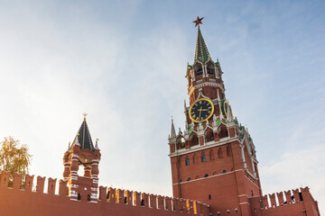 Fototapeta na wymiar Spasskaya Tower of the Kremlin Moscow merlon brick wall