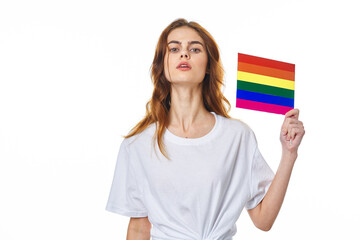 woman wearing white t-shirt lgbt Flag transgender community Protest