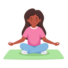 Little girl meditating in lotus pose. Yoga and meditation for kids. Vector illustration