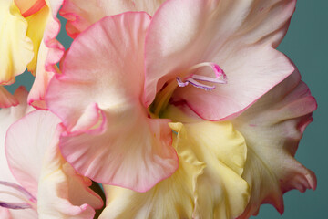 Delicate pink-yellow gladiolus isolated on green background, macro.