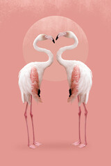 Flamingo couple with heart shape neck and moon, romantic pink illustration. 