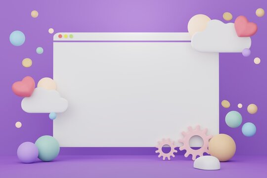 3d render of minimal white blank of web browser window frame for mock up and web banner with simple pastel ornaments.