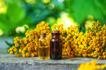 Tansy tincture in a bottle. Selective focus.