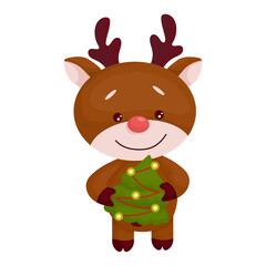 A small deer with a Christmas tree. Funny Christmas character. Cartoon vector graphics.
