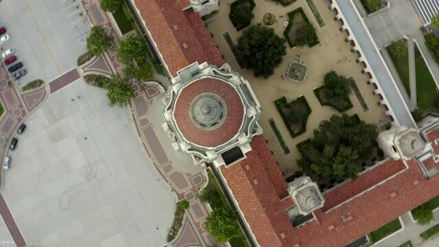 Aerial Top Panning Beautiful Shot Of Famous Pasadena City Hall On Landscape