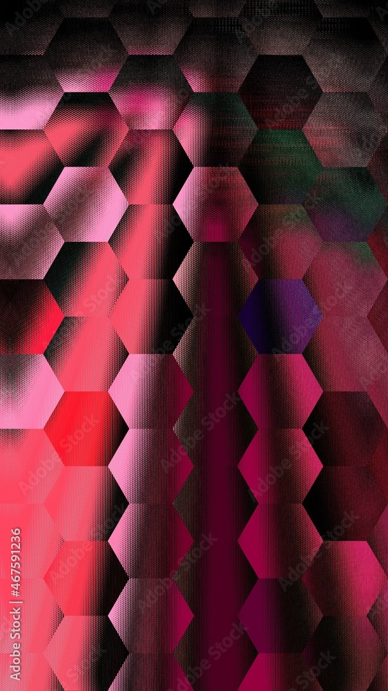 Poster intricate and detailed hexagonal mosaic pattern and design in many shades of pink on a black coloure