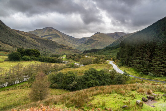 An autumnal 3 shot HDR image of Lower Glen Nevis looking towards the Mamores mountain range, Fort William, Lochaber, Scotland.
