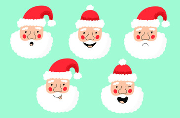 Obraz na płótnie Canvas Set Santa Claus faces with cute emotions. Christmas and New Year. Vector illustration isolated on light blue background. Cartoon Santa character 