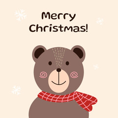 Merry Christmas greeting card with bear Scandinavian style. Vector illustration.

