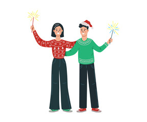 couple celebrating new year party,  sparklers, christmas