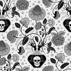 Halloween horror seamless pattern, skulls and flowers background - 467592002