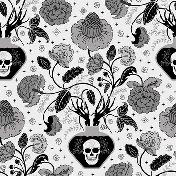 Halloween horror seamless pattern, skulls and flowers background