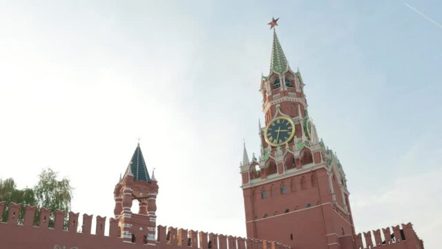 Spasskaya Tower of the Kremlin Moscow big clock and bell ringing .concept culture capital city Russia