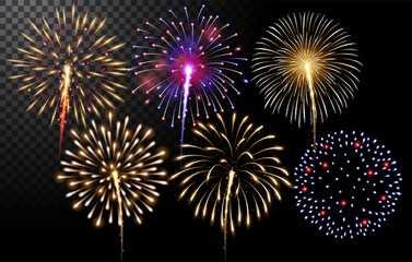 Set of various shapes sparkling firework on a transparent background, vector illustration