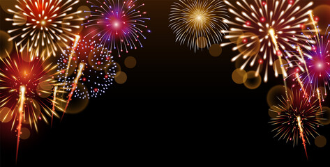 Beautiful Colorful Fireworks with bokeh on dark background, vector illustration