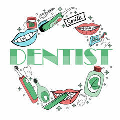 Dentist, Orthodontics medical banner with circular vector icon of dental equipment, braces, dentures, veneers, dental floss, cavity treatment. Healthcare thin linear poster for dental clinic.