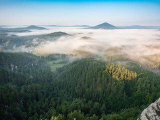 Autumnal misty foggy morning in valley of Bohemian Switzerland park,