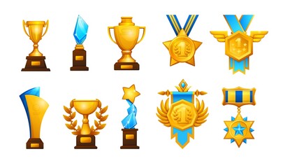 Trophy award. Cartoon golden cup. Sport competitions glass prize. Winning championship medal and badge. Achievement rewards collection. Tournament or contest gift. Vector goblets set