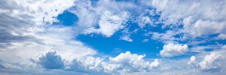 Naklejka na ściany i meble Cloudscape - Blue sky and white clouds, wide panorama