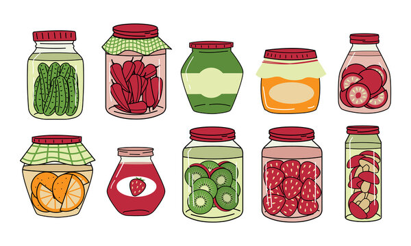 Preserve food. Glass jar with sweet marmalade or honey. Berry and fruit jam. Preservation products. Cans for pickled vegetables or mushrooms. Grocery conserve containers. Vector meal set