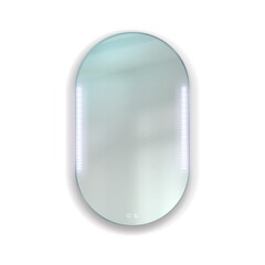 Realistic oval illuminated mirror. Round electric interior element. Reflective surface with backlight. Isolated room wall decor template. Home furniture. Vector bathroom furnishing