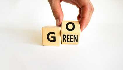 Ecology and go green symbol. Businessman turns a wooden cube with concept words 'Go green' on a beautiful white table, white background. Copy space. Business and go green concept.