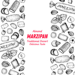Marzipan cooking and ingredients for marzipan, sketch illustration. Almond nut and almond products. Vector illustration. Christmas sweet food frame. Design elements. Hand drawn, package design