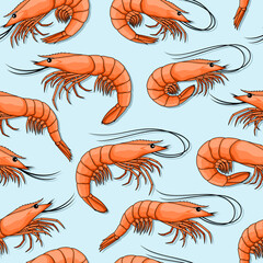 Seafood seamless pattern with shrimps on a blue background
