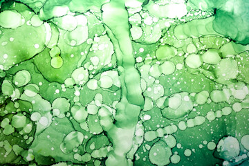 Abstract green paint background. Water bubbles drops stains splashes texture pattern
