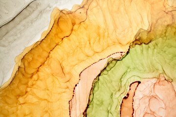 Abstract ocher green watercolor background. Yellow orange brown paint stains and spots in water,...