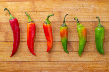 Hot chili peppers with a gradient from green to red.