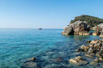 The beautiful beach of Malpasso in Varigotti with trasparent and turquoise water