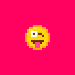 Pixel art Winking Emoji face with tongue icon. Vector cute pixel joking winky emoticon. Funny joke Emoji in retro pixel 8 bit style. Winking tease emoji smile yellow face isolated icon.