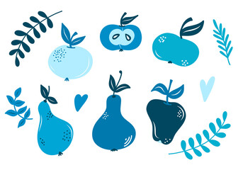 Vector set with abstract apples and pears, twigs of leaves, isolated element on a white background, fruits in a flat style. Illustrations for cafes, menus, packaging, postcards.