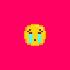 Obraz premium Pixel art crying emoji icon. Retro pixel emoticon of loudly crying face smiley. Cute sad cartoon kawaii vector social media smile icon.