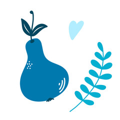 Abstract blue pear with twigs of leaves, isolated element on a white background, fruit in a flat style. Vector illustration for cafe, menu, packaging, T-shirt print.