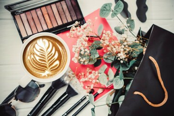 Cup of coffee, eyeshadow palette and glasses on white wood background in summer