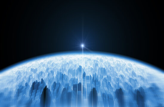 Metaverse building city in blue background for technology concept, 3d rendering