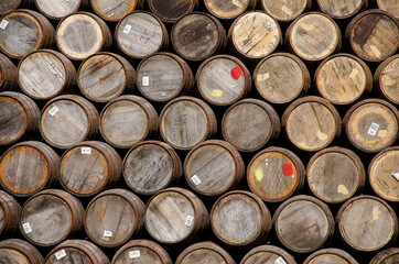 Stacked oak barrels of the kind used for storing whiskey or wine.