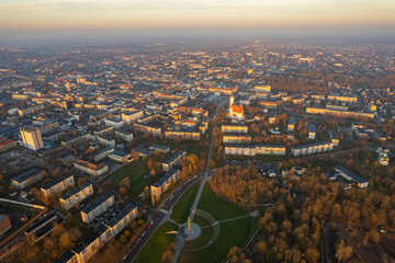 Fototapeta na wymiar Aerial autumn fall sunrise view of Šiauliai city, Lithuania