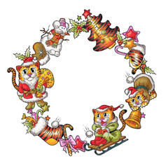 Christmas and New Year frame with cartoon tigers - symbols of 2022 year on the white background