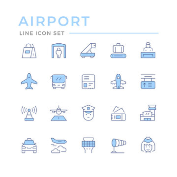 Set color line icons of airport