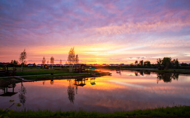 Amazing landscape in cottage village near Moscvow and landscape park in pink sunset