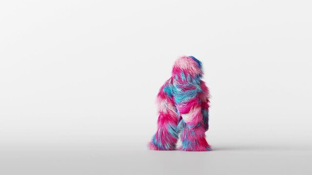 3d cartoon character jumps from side to side. Hairy pink blue toy is having fun. Funny dance moves.