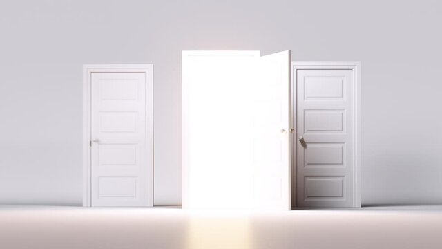 3d render, abstract white background, empty room. Entering inside the opening door with bright light. Choice concept, hope or afterlife metaphor