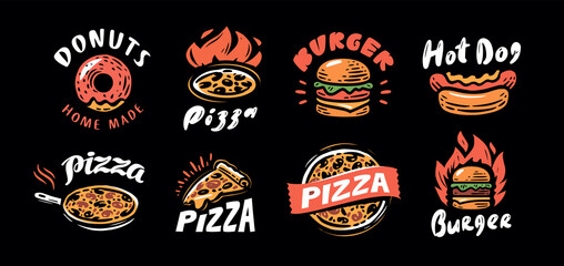 Food label set. Badges for restaurant or cafe menu. Pizza, burger, hot dog, donut