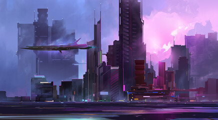 drawn atmospheric bright future city with skyscrapers and spaceship - 467600208